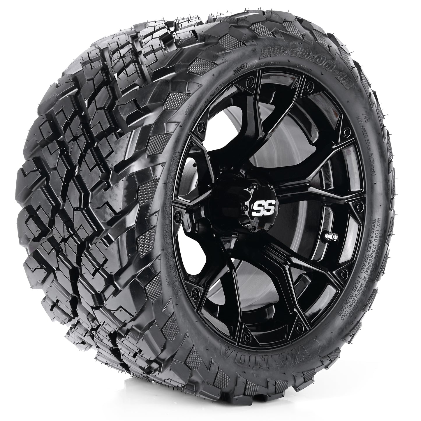 Golf Cart Aluminum Wheels + Tires Combo, Glossy Black, Set of 4, Size: 12x7