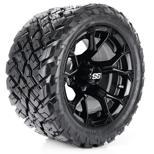 Golf Cart Aluminum Wheels + Tires Combo, Glossy Black, Set of 4, Size: 12x7