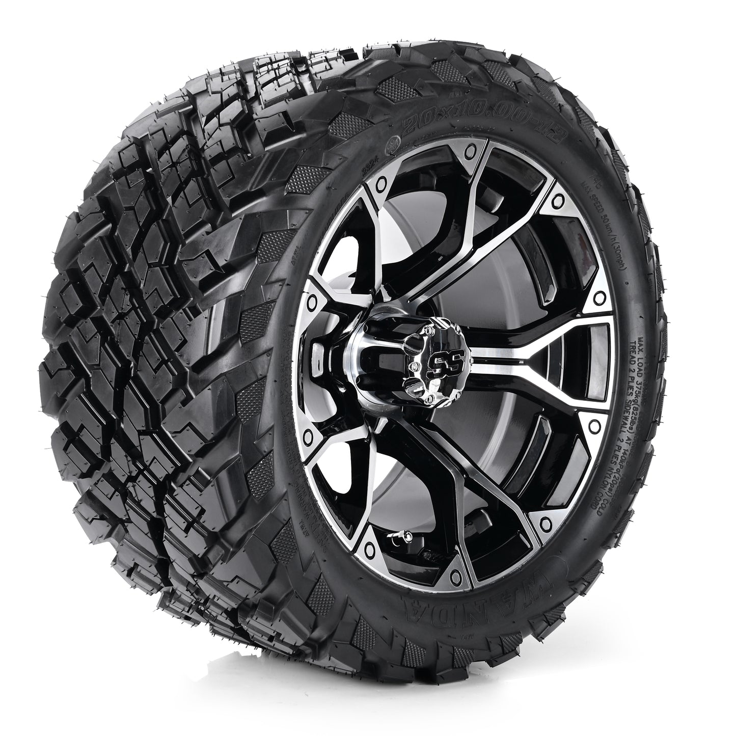 Golf Cart Aluminum Wheels + Tires Combo, Machined Black, Set of 4, Size: 12x7