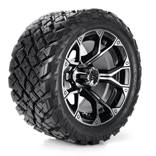 Golf Cart Aluminum Wheels + Tires Combo, Machined Black, Set of 4, Size: 12x7