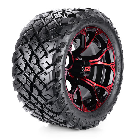 Golf Cart Aluminum Wheels + Tires Combo, Machined Red, Set of 4, Size: 12x7