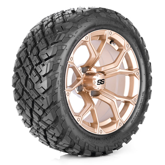 Golf Cart Aluminum Wheels + Tires Combo, Champagne, Set of 4, Size: 14x7