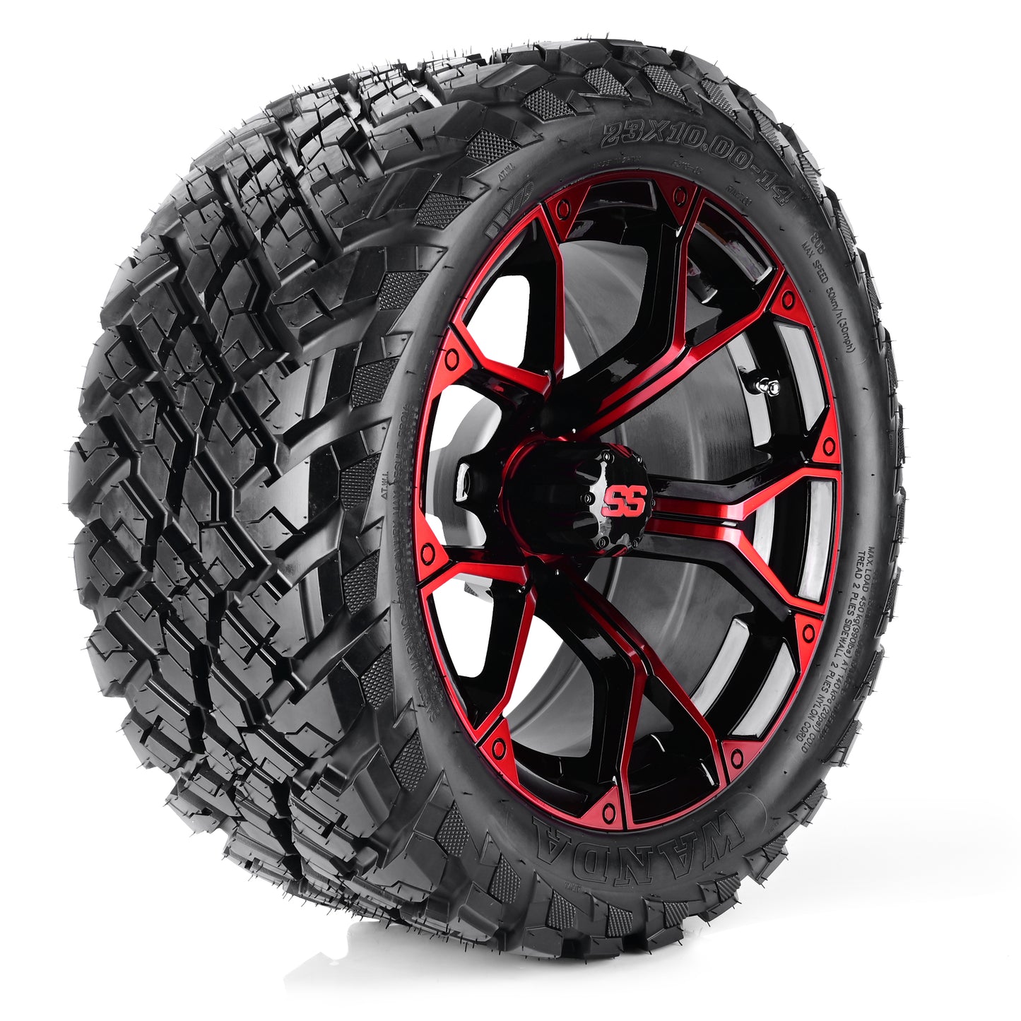 Golf Cart Aluminum Wheels + Tires Combo, Machined Red, Set of 4, Size: 14x7