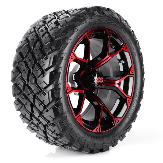 Golf Cart Aluminum Wheels + Tires Combo, Machined Red, Set of 4, Size: 14x7